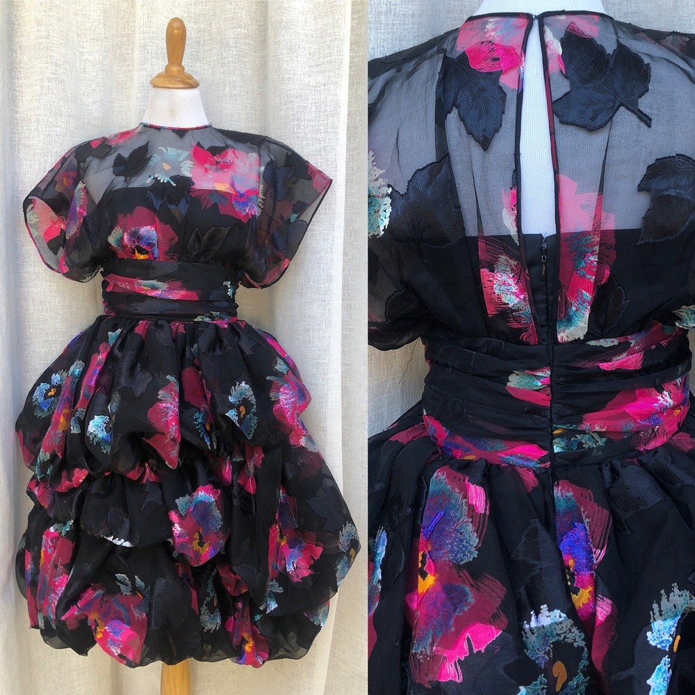 Anthony Moto Moroci Black 1980 party Dress Pink flowers bubble tiered skirt
